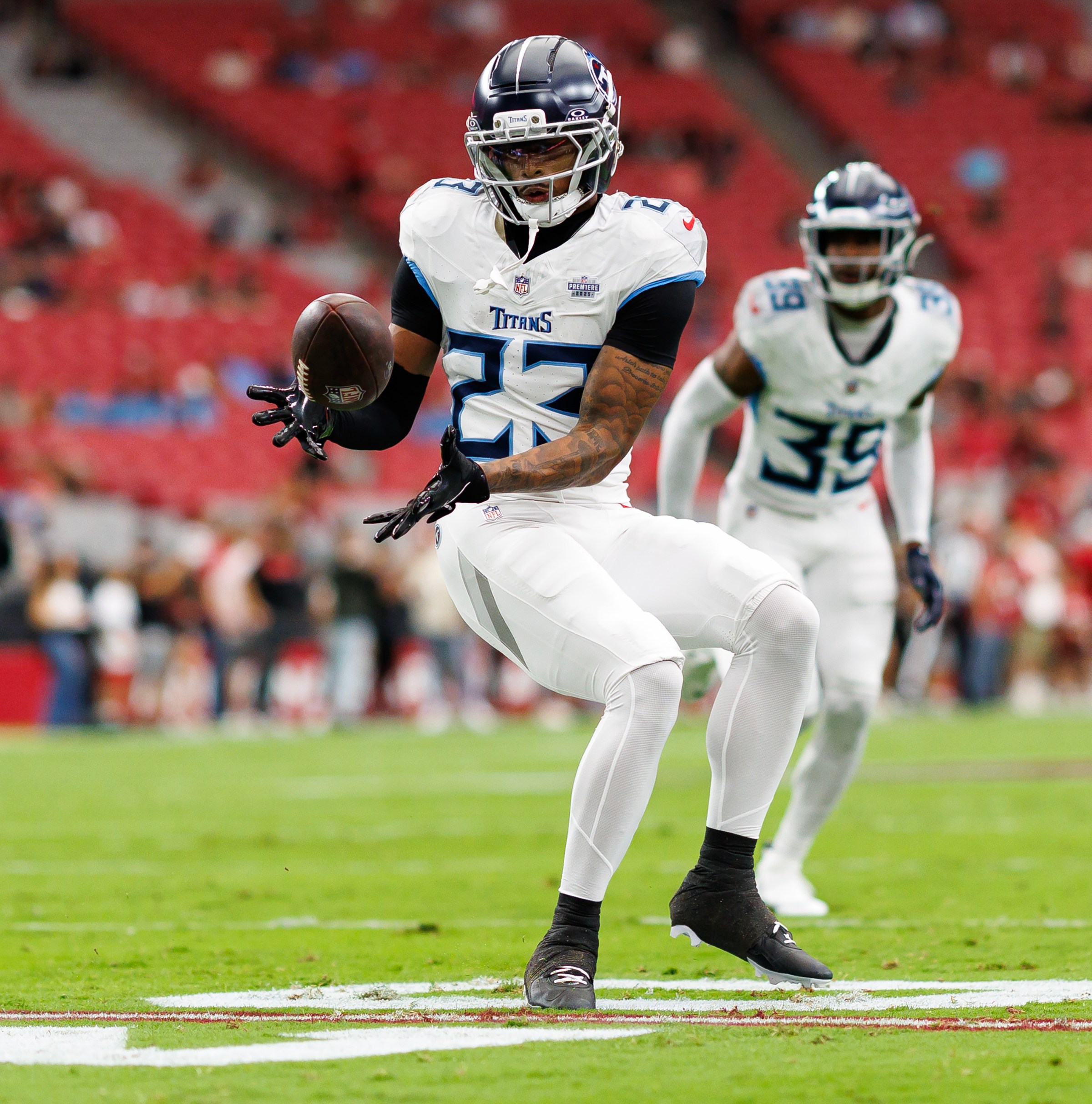 JC Latham returns to practice for the Titans